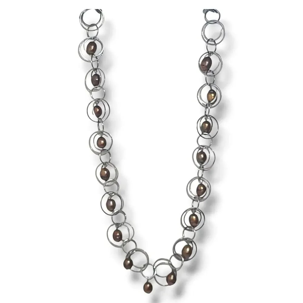 Silver Tone‎ Hoop Chain Bronze Potato Freshwater Pearls Station Necklace